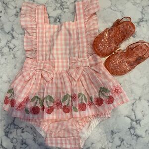 Pink Gingham Baby Romper with Bows- Brand New